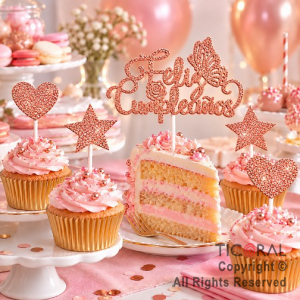 CAKE TOPPER FELIZ CUMPLEA�OS CON ESTRELLAS Y CORAZONES GIBRE ROSA GOLD
